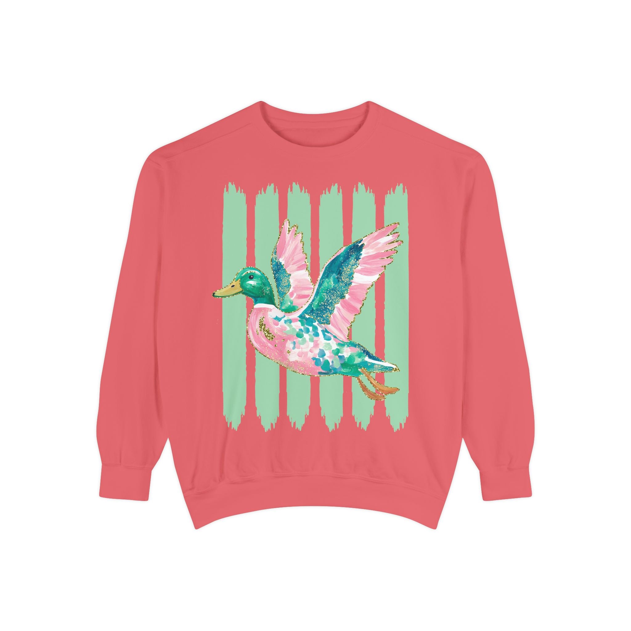 Duck Graphic Sweatshirt — Watercolor Flying Duck on Coral Garment-Dyed Crewneck