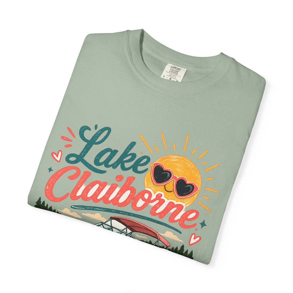 Lake Claiborne Boat T‑Shirt — Retro Sun & Sunglasses Summer Tee