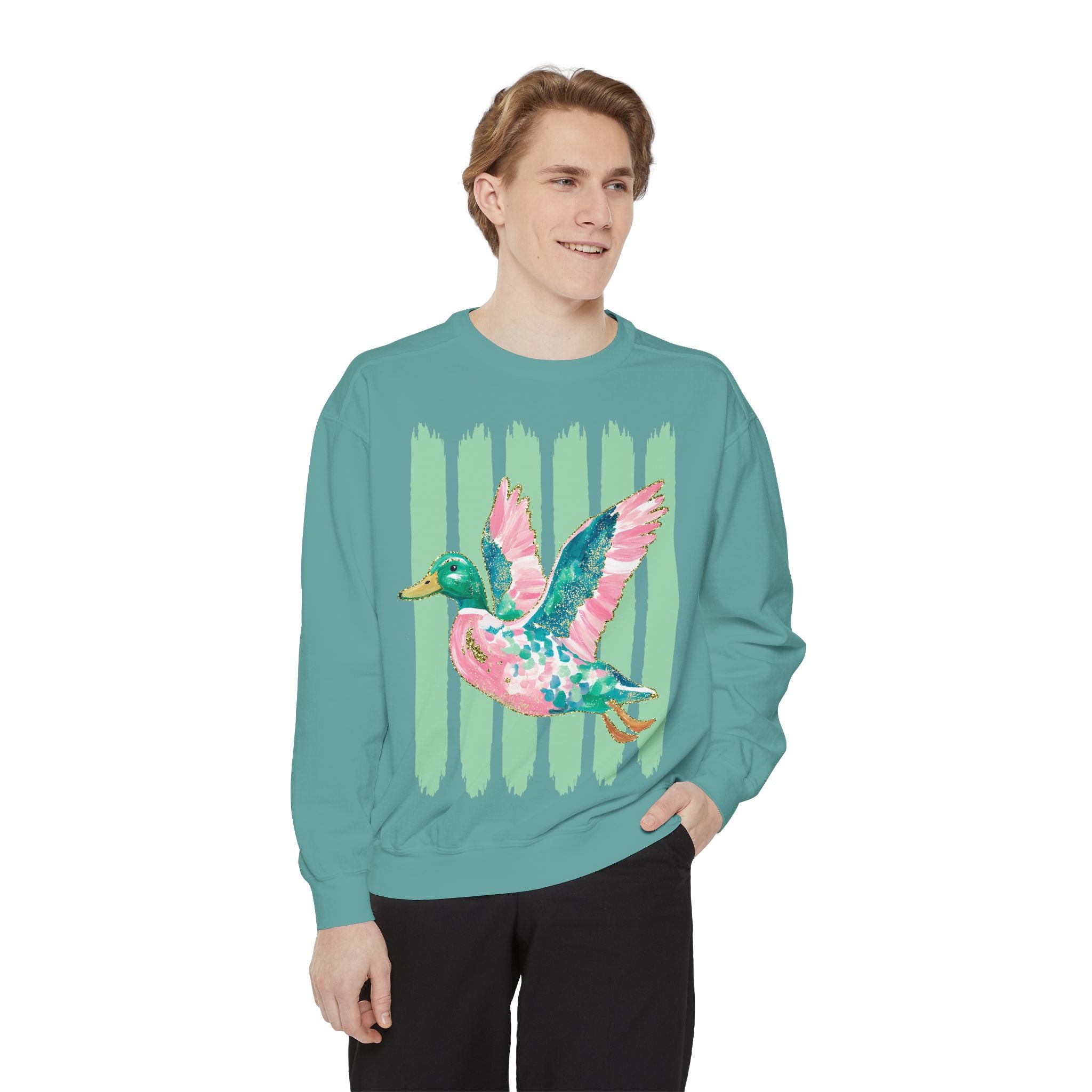 Duck Graphic Sweatshirt — Watercolor Flying Duck on Coral Garment-Dyed Crewneck