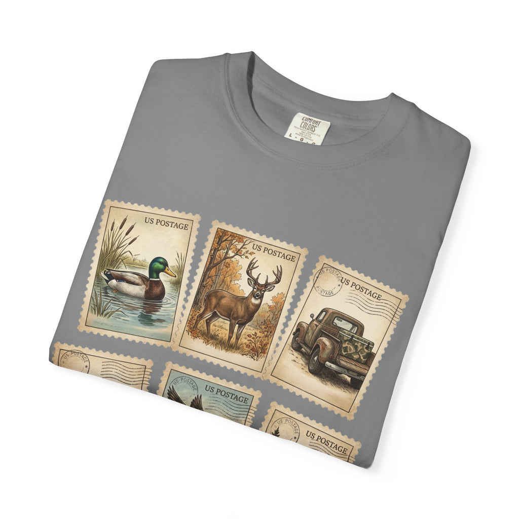 Vintage Outdoor Stamps T-Shirt — Deer, Duck, Truck & Cabin Nature Collage