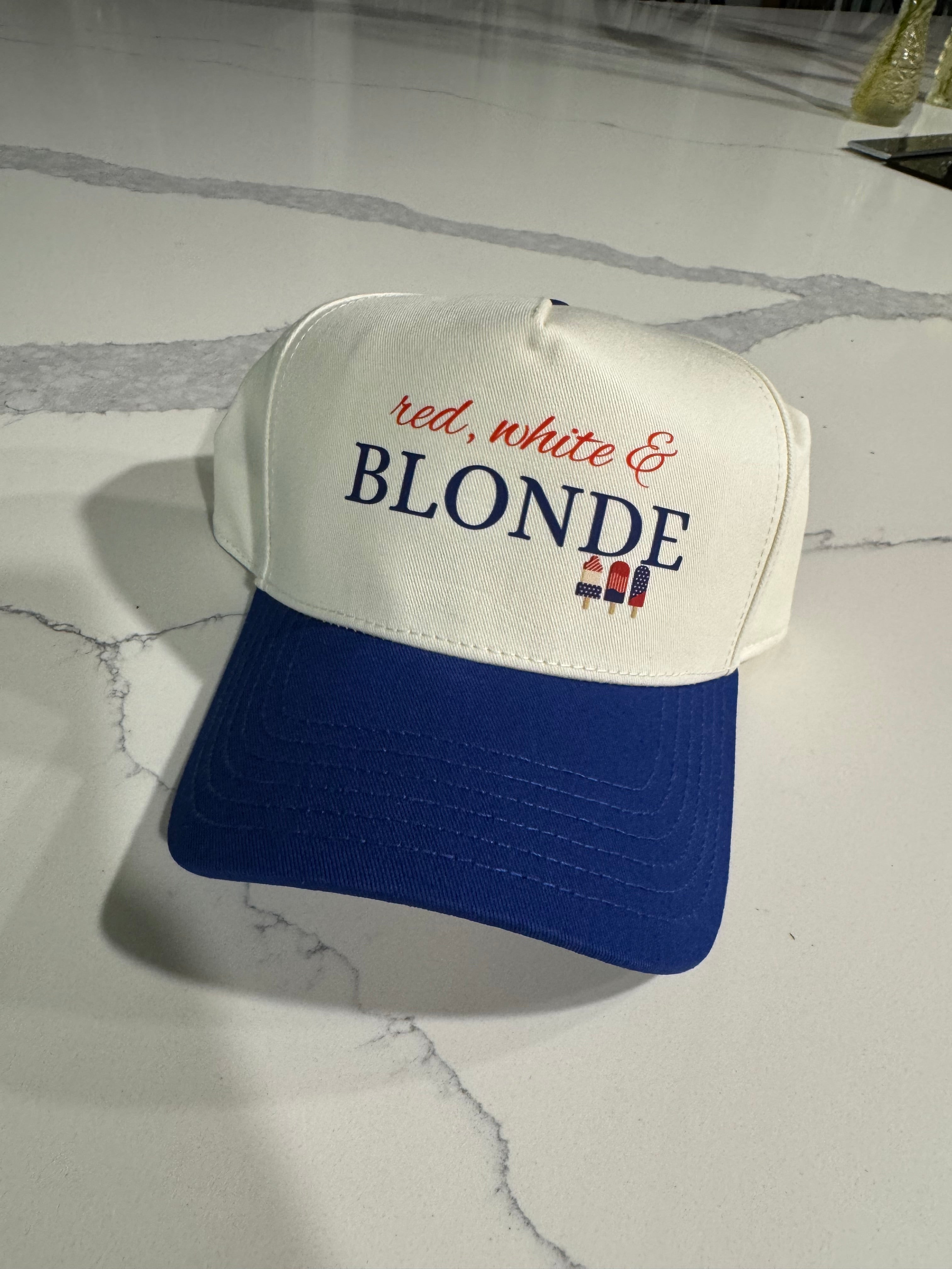 Red, White & Blonde Trucker Hat — Patriotic Summer Baseball Cap