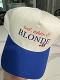Red, White & Blonde Trucker Hat — Patriotic Summer Baseball Cap