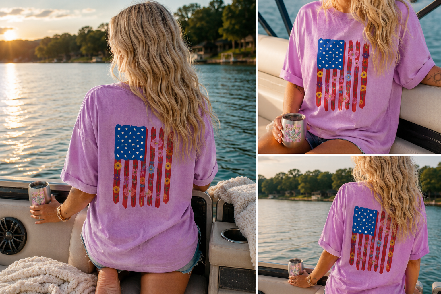 Floral American Flag Printed Raw Edge Cotton Tee